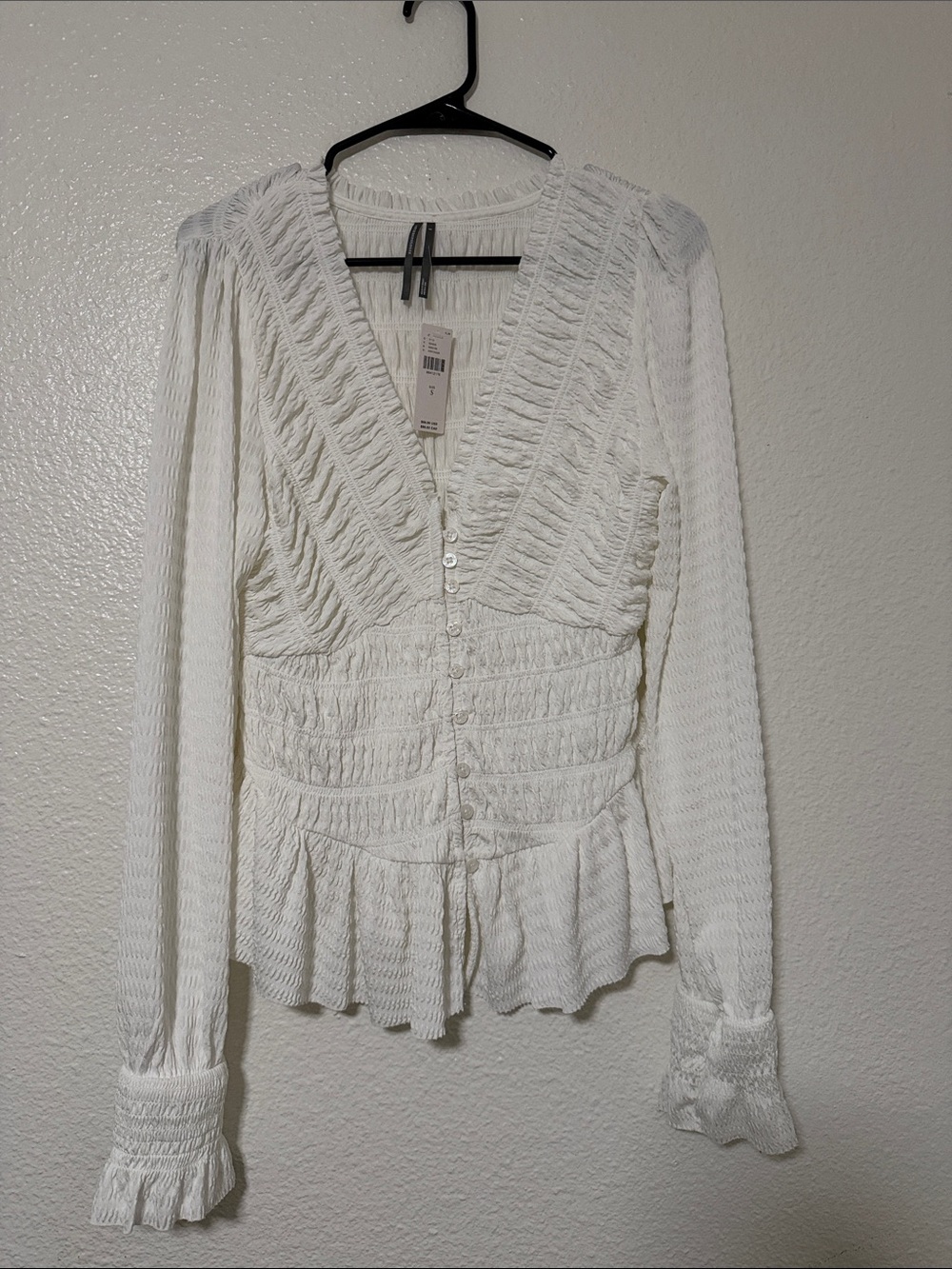 Antropologie White Textured Button-Front Long Sleeve Top